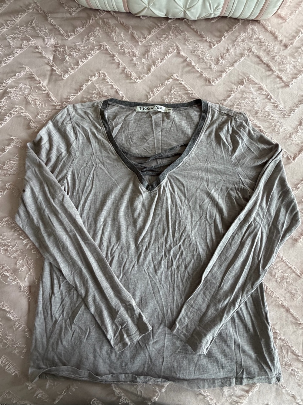 Michael Stars Grey Long Sleeve T Shirt with Criss Cross Design, Size M/L